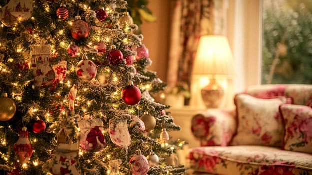 Christmas, holiday decor and country cottage style, cosy atmosphere, decorated Christmas tree in the English countryside house living room with fireplace, interior decoration idea