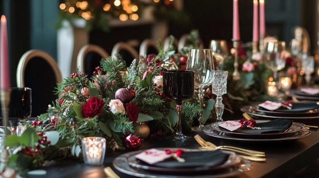Christmas tablescape decoration, formal family dinner holiday celebration, luxury table setting decor, English country and home style idea