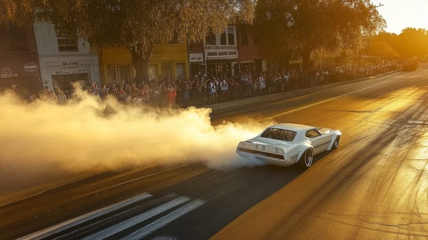 Powerful sports cars race through city streets at sunset, leaving a trail of smoke, thrilling spectators with high speed action