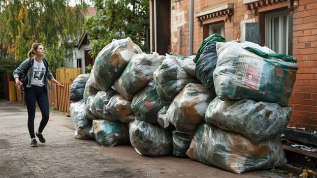 Young woman walks through a trash filled alley, showing concern and frustration at the pollution caused by consumerism