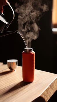A steaming kettle elegantly pours hot water into a sleek, modern bottle that rests on a wooden surface