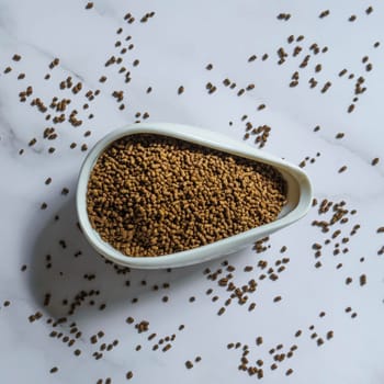 Fenugreek seeds are beautifully displayed in a white dish with additional scattered seeds on a sleek marble surface