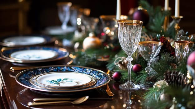 Christmas tablescape decoration, formal family dinner holiday celebration, luxury table setting decor, English country and home style idea