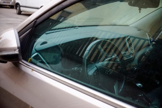 Cremona, Itally - October 6th 2024 View from inside a hyundai tucson suv showing the steering wheel and dashboard through the car window