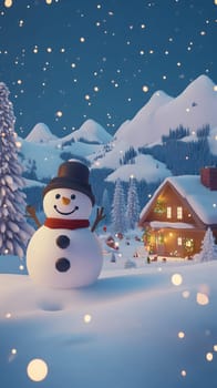 A cheerful snowman in a snowy landscape with a cozy cabin.