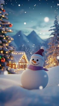 A cheerful snowman in a snowy landscape with festive decorations.