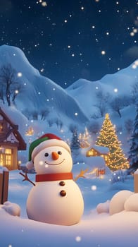 A cheerful snowman stands in a snowy landscape with festive decorations.