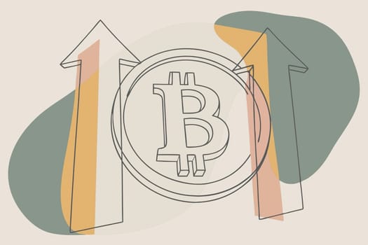 Bitcoin on the Rise.A Bitcoin symbol with two red arrows pointing upwards, suggesting an upward trend in the value of Bitcoin.