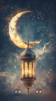 A crescent moon and lantern against a starry sky, evoking serenity.
