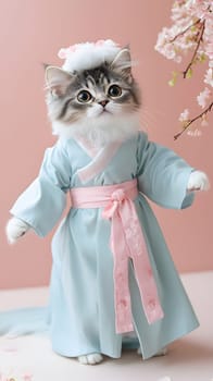 A cute cat dressed in a traditional outfit with a pastel background.