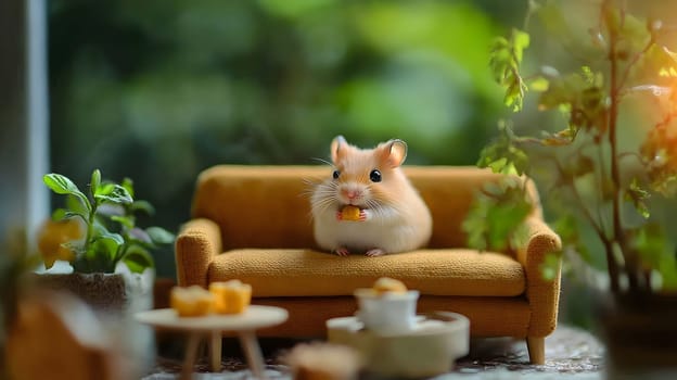 A cute hamster enjoying a snack on a cozy miniature couch.