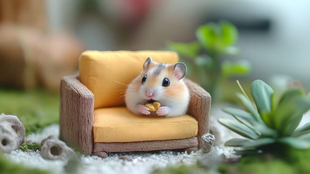A cute hamster sitting on a tiny sofa, holding a snack.