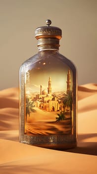A decorative bottle containing a miniature desert scene with architecture.