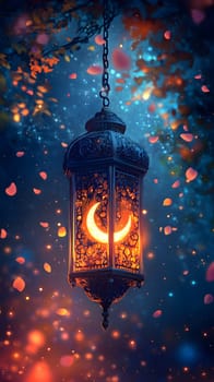 A decorative lantern glowing amidst falling petals and a mystical backdrop.