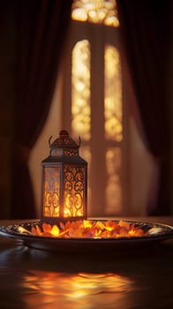 A decorative lantern illuminates a table with colorful stones.