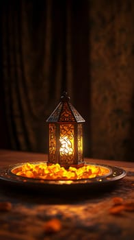 A decorative lantern surrounded by vibrant orange petals.