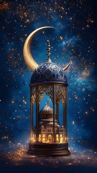 A decorative lantern with a crescent moon, set against a starry night.