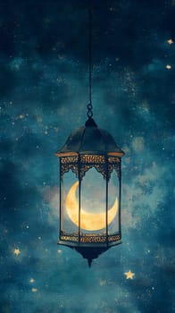 A decorative lantern with a crescent moon, set against a starry sky.