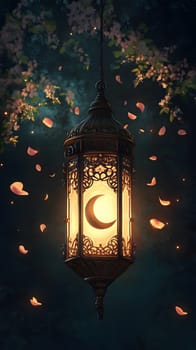 A decorative lantern with a crescent moon, surrounded by petals.