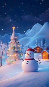 A festive winter scene with a snowman, Christmas tree, and cozy homes.