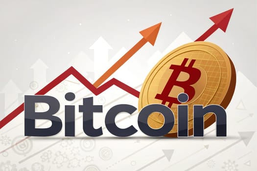Bitcoin on the Rise.A Bitcoin symbol with two red arrows pointing upwards, suggesting an upward trend in the value of Bitcoin.