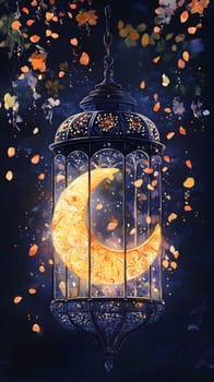 A glowing crescent moon inside a decorative cage surrounded by petals.