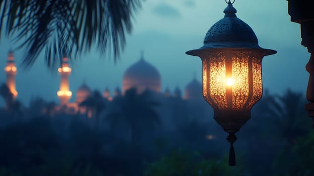 A glowing lantern illuminates a tranquil evening scene with domes.