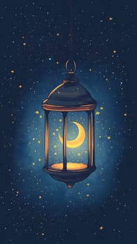 A lantern glowing with a crescent moon against a starry background.