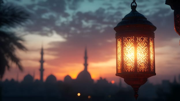 A lantern illuminates a serene sunset over a cityscape with minarets.