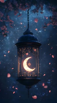 A lantern with a crescent moon glows amidst falling petals at night.