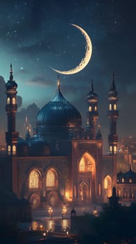A majestic mosque illuminated under a crescent moon at night.