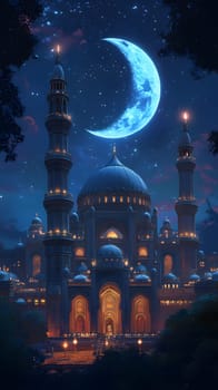 A majestic palace illuminated under a crescent moon at night.
