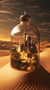 A miniature city encased in a glass jar on desert sands.