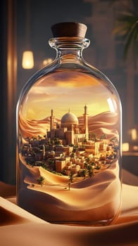 A miniature desert city encased in a glass bottle, showcasing architecture.