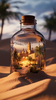 A miniature desert scene in a bottle featuring a mosque and palm trees.