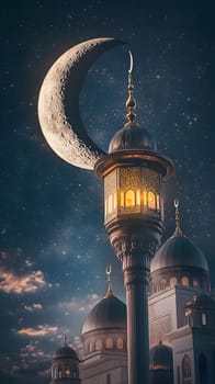 A mosque illuminated by a lantern under a crescent moon.