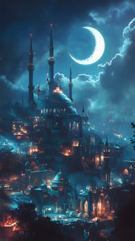 A mystical cityscape at night with a crescent moon and glowing lights.