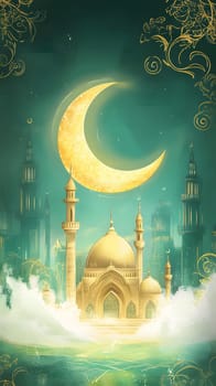 A mystical scene featuring a golden crescent moon above an ornate dome.