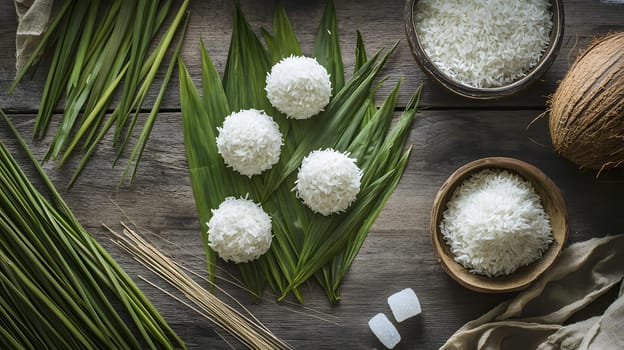 A rustic display of rice balls and ingredients on wooden surface.