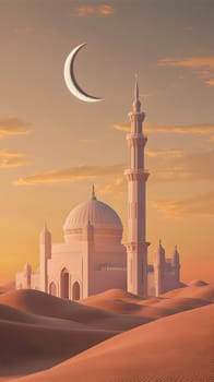A serene desert scene featuring a mosque and crescent moon.