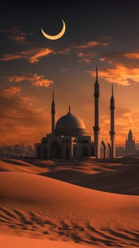 A serene desert scene featuring a mosque at sunset with a crescent moon.