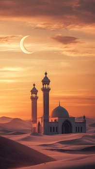 A serene desert scene featuring a mosque at sunset with a crescent moon.