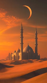 A serene desert scene featuring a mosque under a crescent moon.