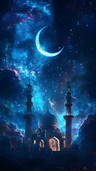 A serene night sky with a crescent moon above a mosque silhouette.
