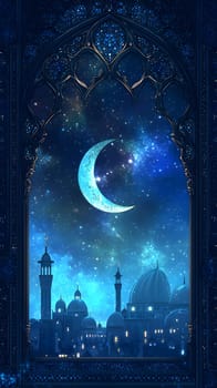 A serene night sky with a crescent moon over a cityscape.