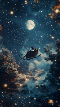 Santa flying in a sleigh under a starry night sky.