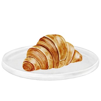 Croissant watercolor illustration. Hand drawn fresh french bun. Food clip art. Ideal for bakery prints, postcards and pastry shop posters. High quality illustration