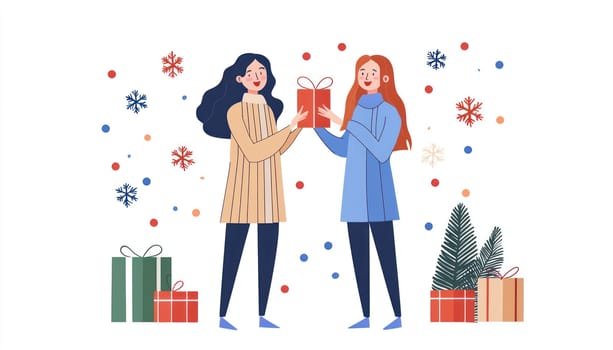 A Two women exchanging gifts during festive celebration, surrounded by decorations and presents, sharing joy and happiness