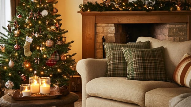Christmas, holiday decor and country cottage style, cosy atmosphere, decorated Christmas tree in the English countryside house living room with fireplace, interior decoration idea
