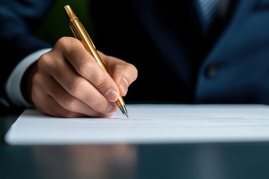 A business professional signing important documents with focus and precision